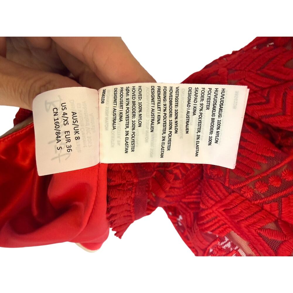 Bardot Embroidered Mesh Cocktail Dress Red XS Sheath Lace Overlay - Picture 9 of 10